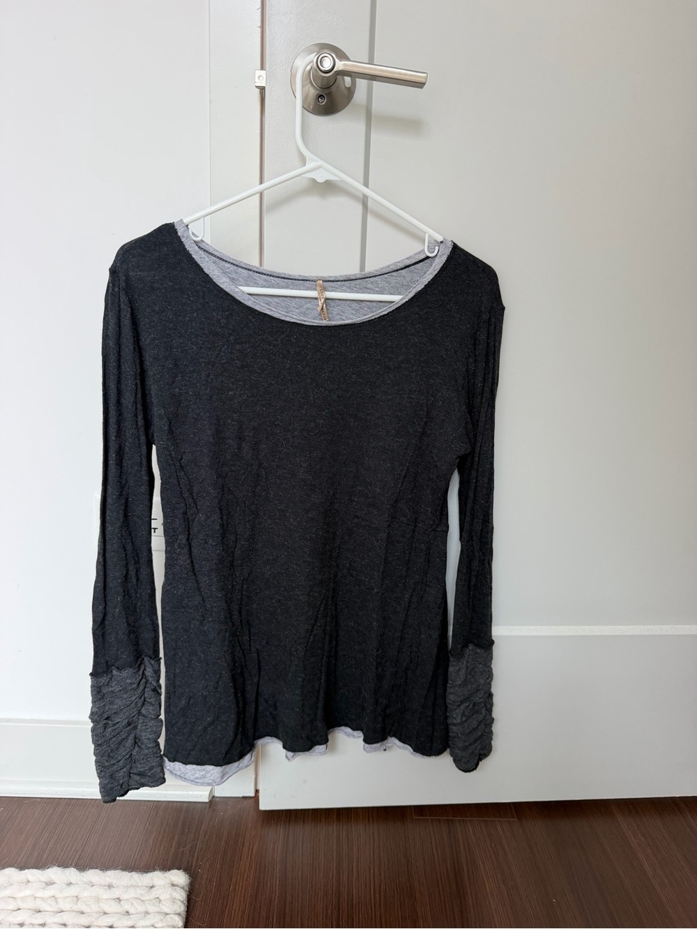 Casual Layered-Trim Long Sleeve Tee in Charcoal Gray
